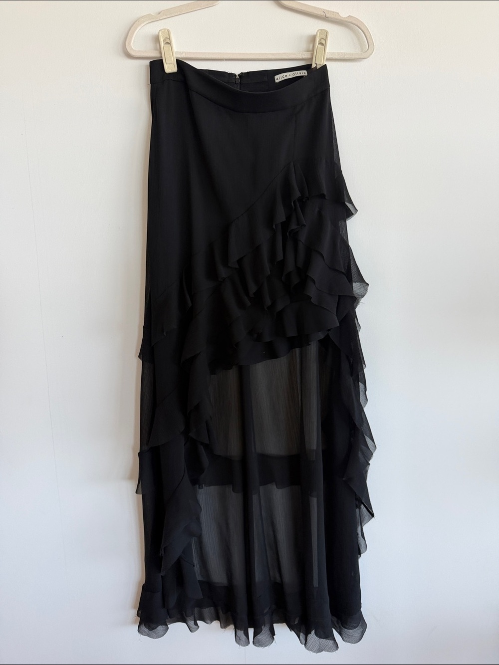 Alice + Olivia Black High-Low Ruffle Maxi Skirt